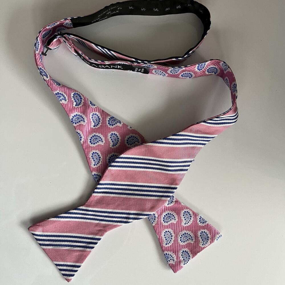 Jos A Banks Reversible Pink Silk Bow Tie Self Adjustable Preppy Striped Paisley